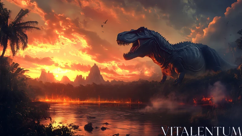 Roaring T‑Rex dominates a fiery prehistoric sunset jungle