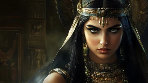Regal Egyptian queen portrait in ornate golden headdress.