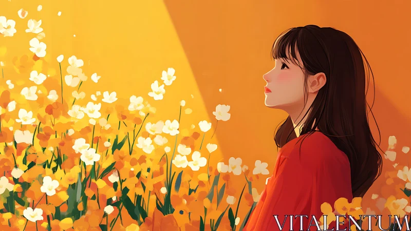 Girl in red side profile against bright yellow flowers.