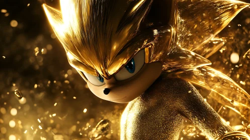 Golden hedgehog hero in cinematic 3D metallic rendering.