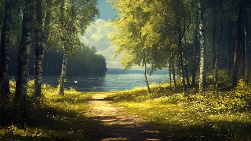 Luminous forest corridor with water vista: volumetric lighting through deciduous canopy architecture