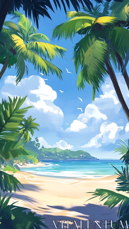 Tropical beach scene framed by palm trees and bright cloudless sky.