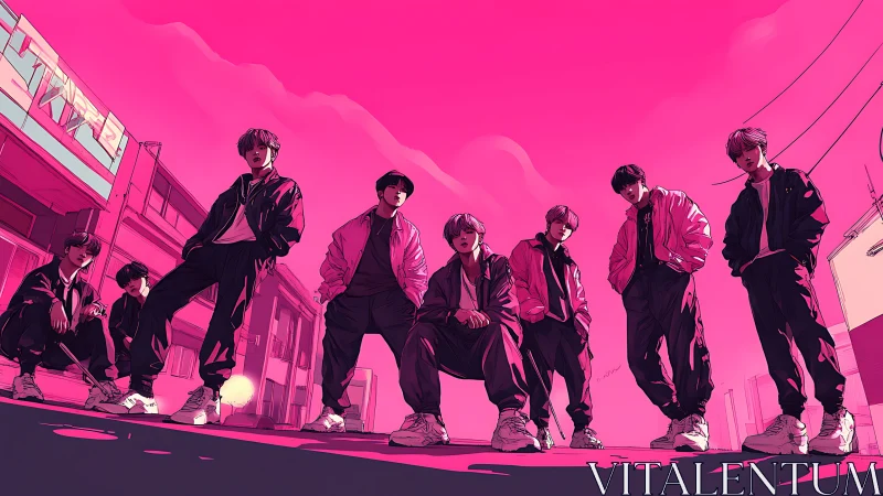 Street crew dominates neon pink urban skyline perspective.