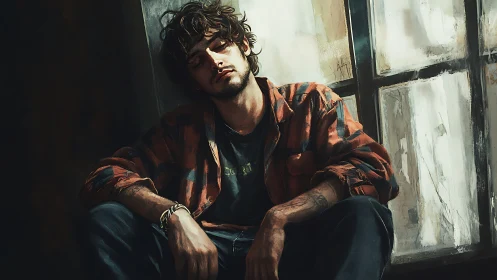 Digital painting portrait of a pensive man by window light.