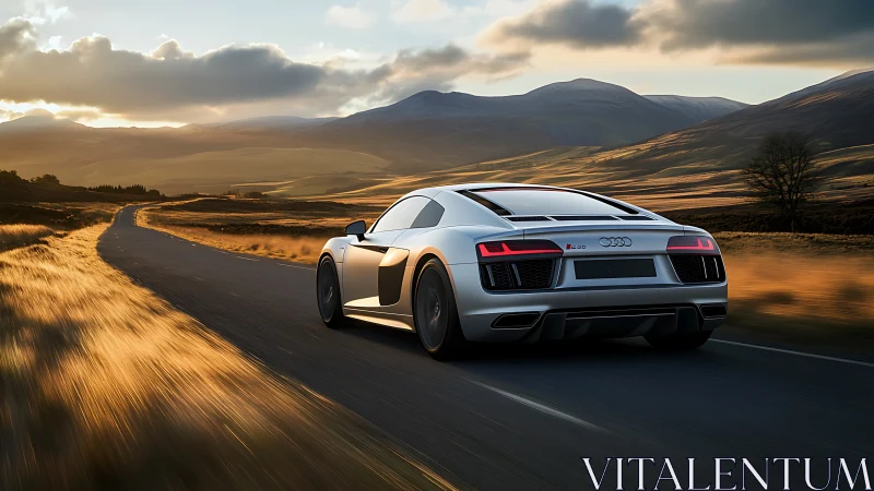Silver supercar at golden-hour speeding through open highlands.