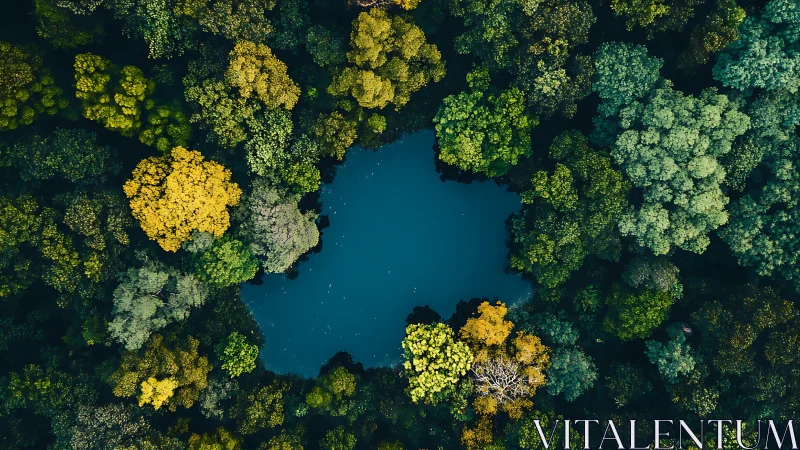 Aerial Drone Imagery: Dense Forest Canopy with Central Freshwater Lake