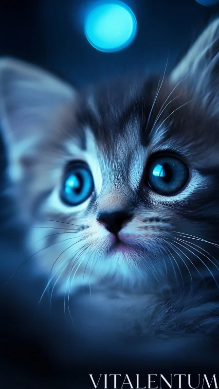 Glowing Blue Cat Under Moonlit Sky with Mystical Eyes.