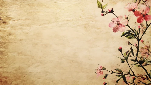 Delicate cherry blossoms contrast against aged parchment ground