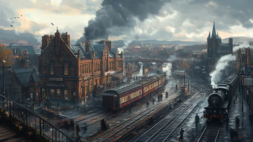 Steam locomotives at dusk in sprawling Victorian rail yard.