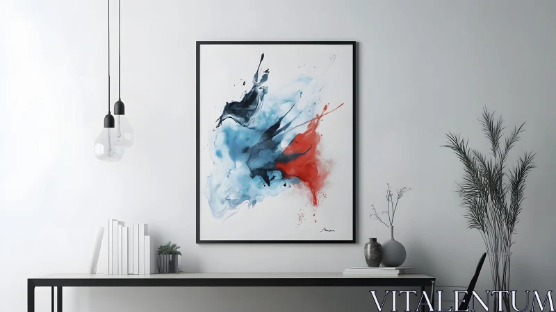 Abstract Watercolor Art in Modern Minimalist Living Room Setting.