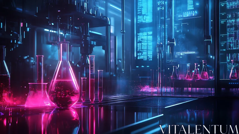 Neon cyberpunk laboratory with glowing pink chemical vials.