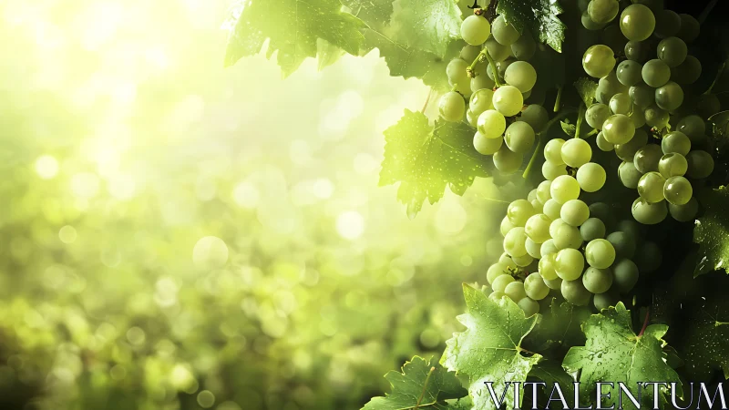 Sun-kissed vineyard grapes glowing in morning gold mist.