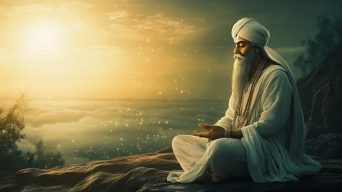 Digital painting of meditative sage in golden atmospheric light.