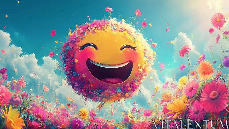 Radiant smiling sun blooms over surreal flower meadow.