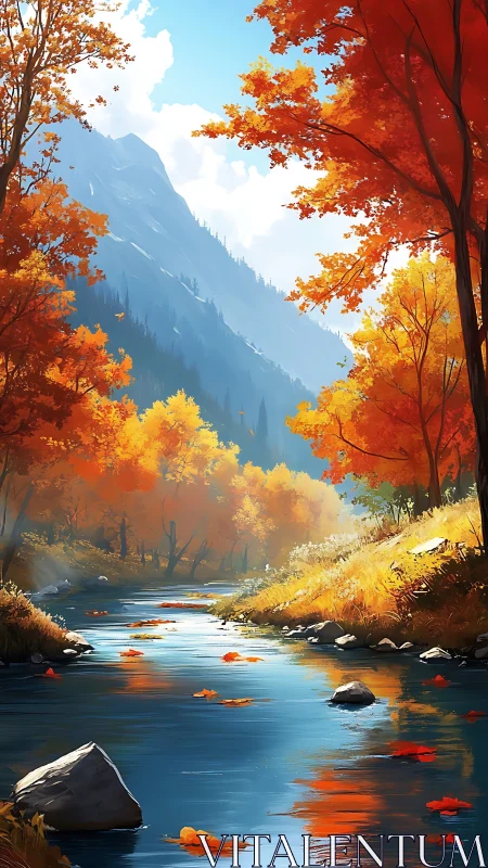 Golden autumn river winding gently through quiet mountains.