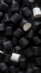 Charcoal cubes embrace vanilla marshmallows in monochromatic sweetness.