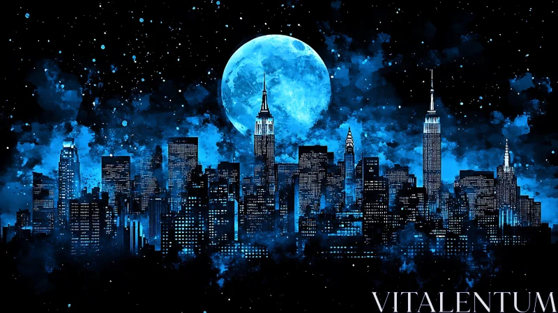 Blue nocturnal city skyline glows under full moonlight