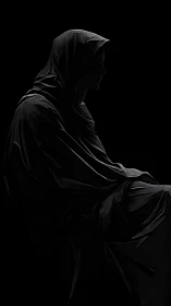 Shrouded figure rests quietly in soft, contemplative shadow