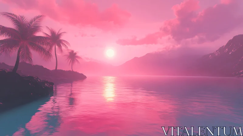 Neon pink tropical sunset bathes misty mountains in light