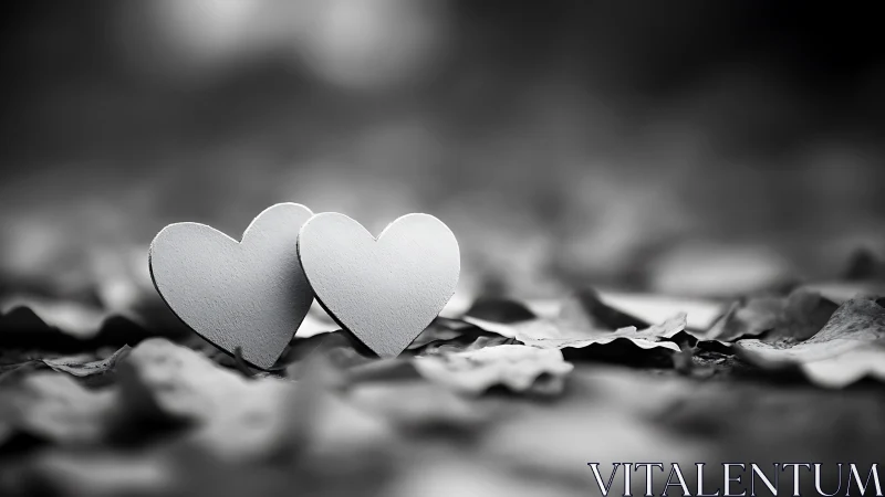 Two Hearts Rest on Textured Earth in Monochrome.