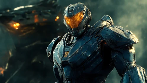 Battle-scarred mech guardian under stormlit metallic skies.