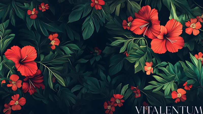 Red hibiscus flowers distributed across dark foliage background.