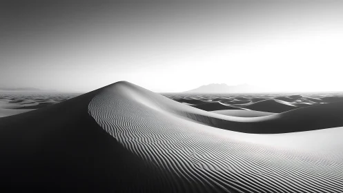 Monochrome desert dune curves fade into a bright silent horizon