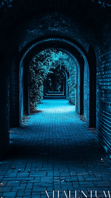 Blue brick tunnel with repeating arches at night time