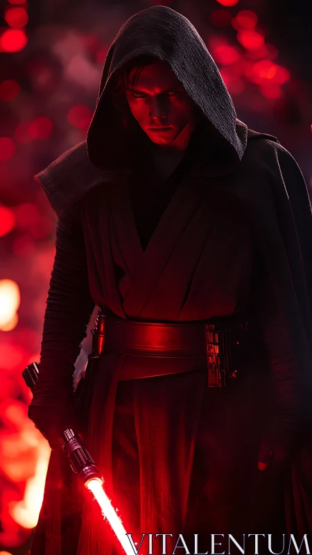 Hooded dark warrior grips red lightsaber in molten glow