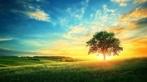 Solitary tree anchors luminous sunset over verdant meadow
