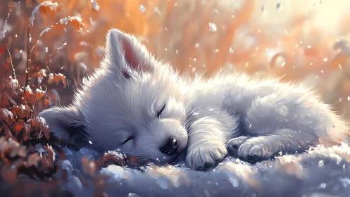 White puppy sleeping in soft snow under warm light glow.