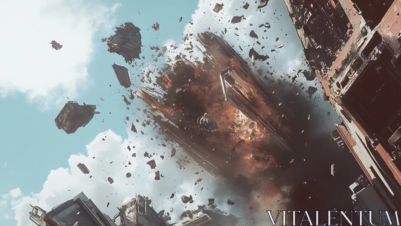 Skyscraper disintegration under ballistic impact in midair.