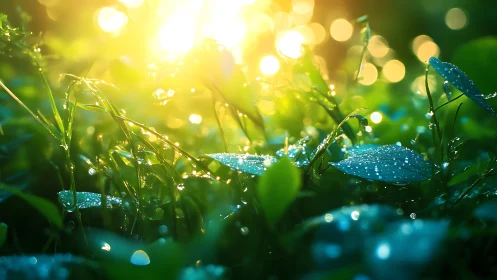 Morning dew on sunlit foliage in luminous bokeh glow.