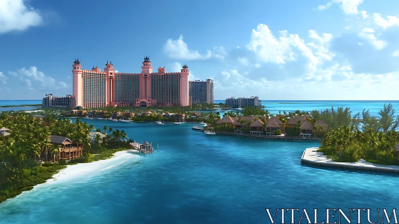 Large pink resort hotel situated on tropical island lagoon with surrounding smaller buildings.