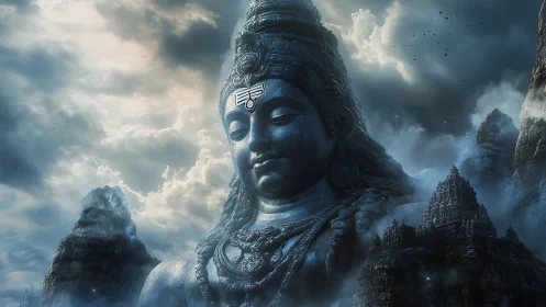 Serene mountain deity rising softly through drifting clouds.