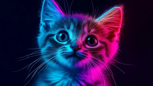 Neon kitten stares down the cosmos with electric curiosity