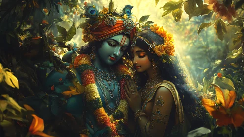 Divine Radiance: Krishna and Radha in Eternal Golden Splendor.