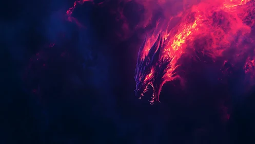 Fiery spectral dragon head emerging from dark void.