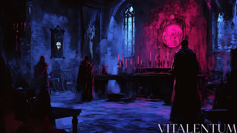 Interior view shows cloaked figures in dimly lit chapel