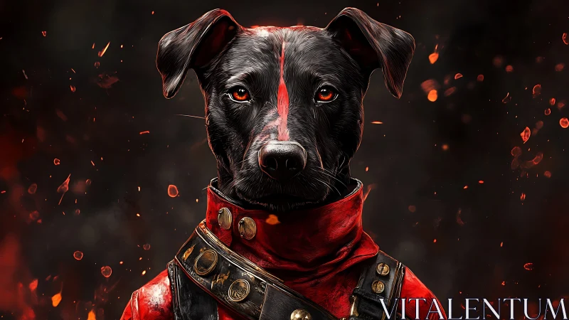 Warrior dog portrait in red armor with ember-filled background