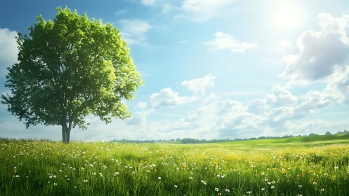 Solitary summer tree over wildflower meadow under sunlit sky.