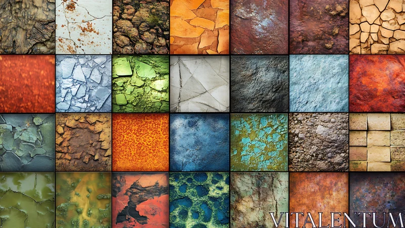 Grid of multicolored textured surfaces in square segments.