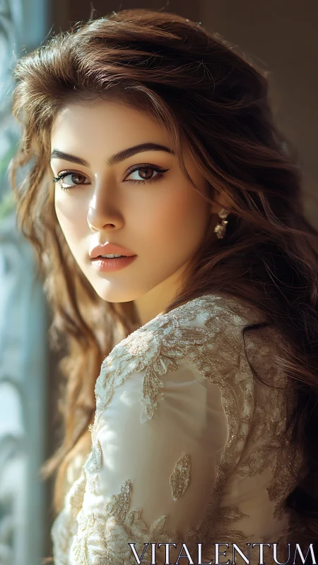 Photorealistic portrait of woman in embroidered ivory lace gown