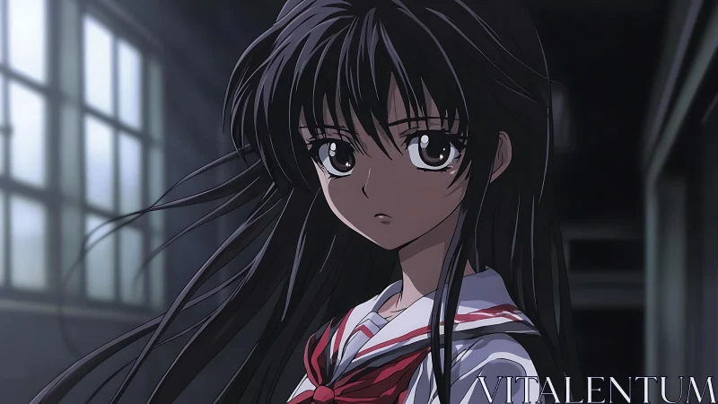 Anime schoolgirl portrait in moody corridor with dynamic lighting