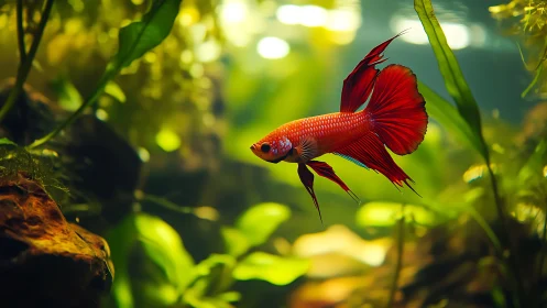 Scarlet betta fish gliding through lush planted aquarium.