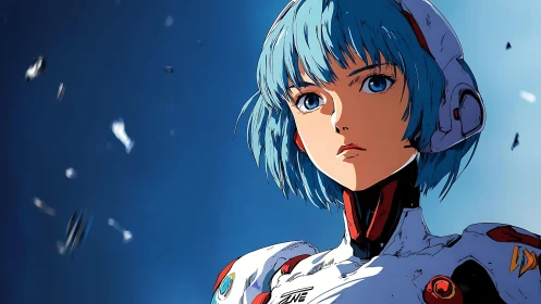 Blue haired anime pilot in white futuristic armor suit.