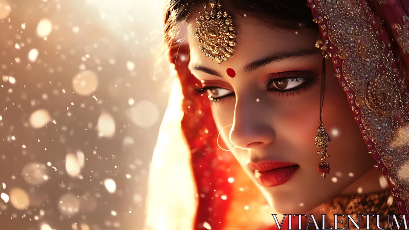 Bridal portrait with red veil, gold jewelry and soft light.