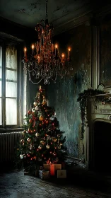 Ghosted manor Christmas tree under brooding crystal chandelier.