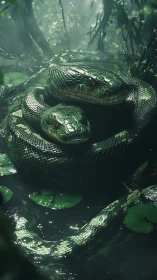 Emerald anaconda pair coiled in misty jungle waterway.