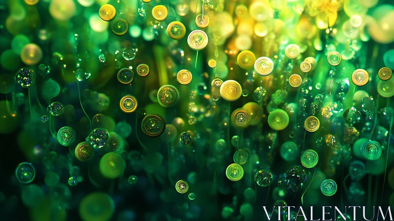 Bioluminescent spiral orbs rendered as dense macro bokeh field